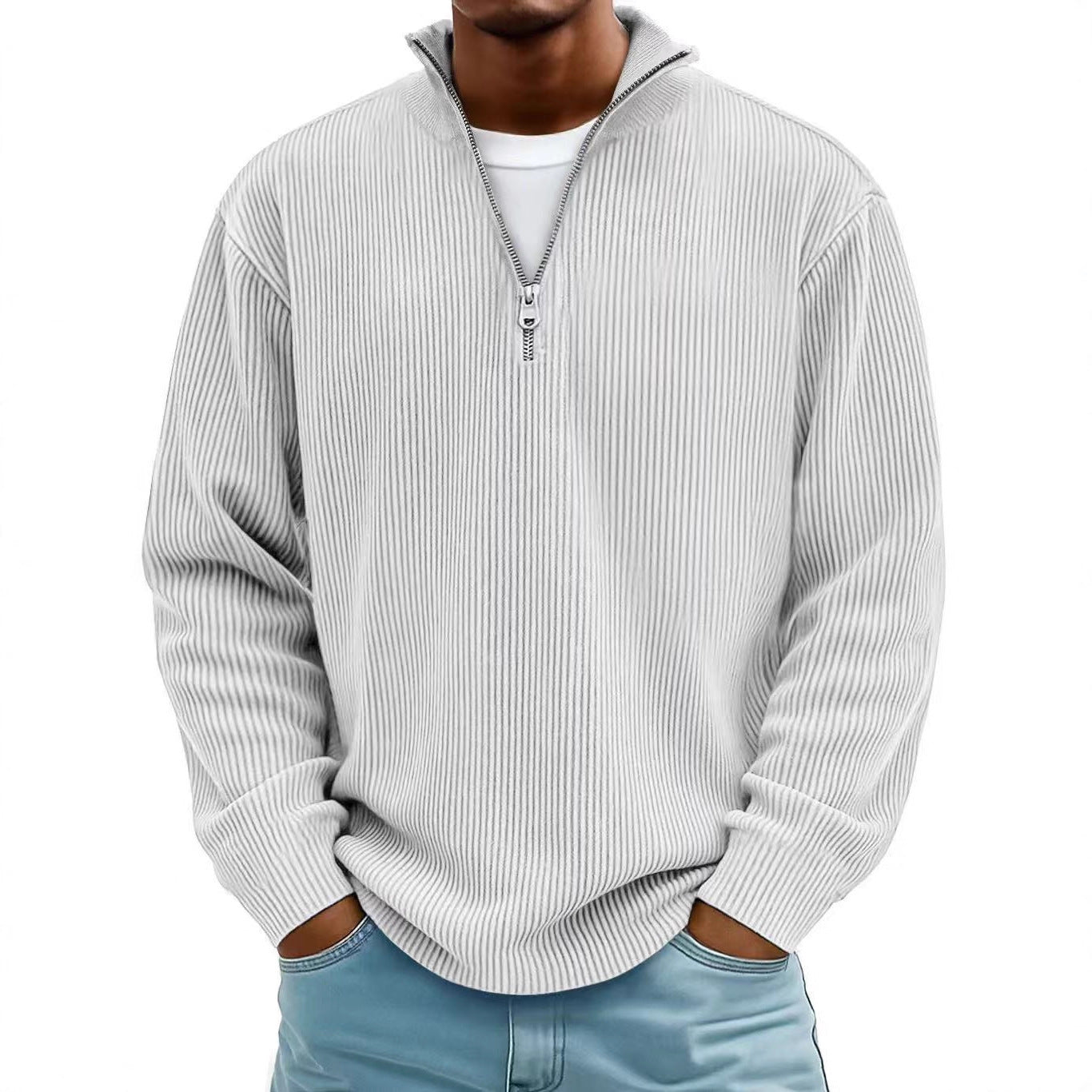 Corduroy Zipper Stand Collar Sweatshirt | Casual Polo | Long Sleeve |