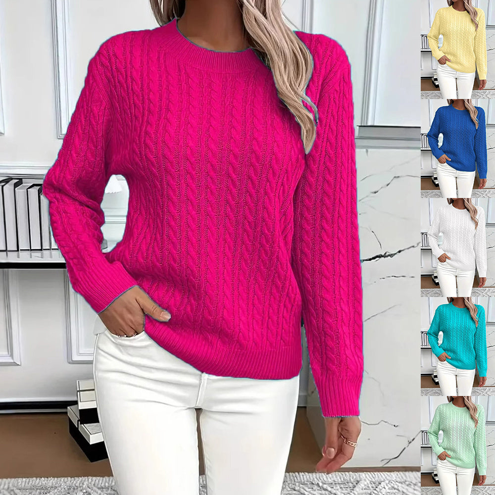 "Ins" Twist Round Neck Pullover Sweater Fashion Solid Color Long-sleeved Knitted Top For Women