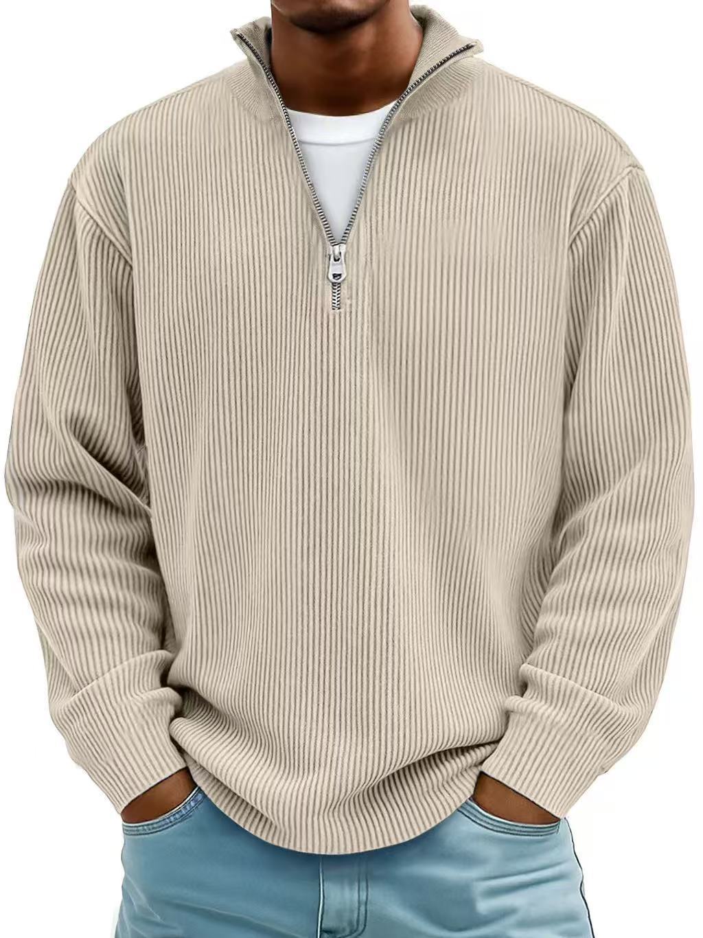 Corduroy Zipper Stand Collar Sweatshirt | Casual Polo | Long Sleeve |