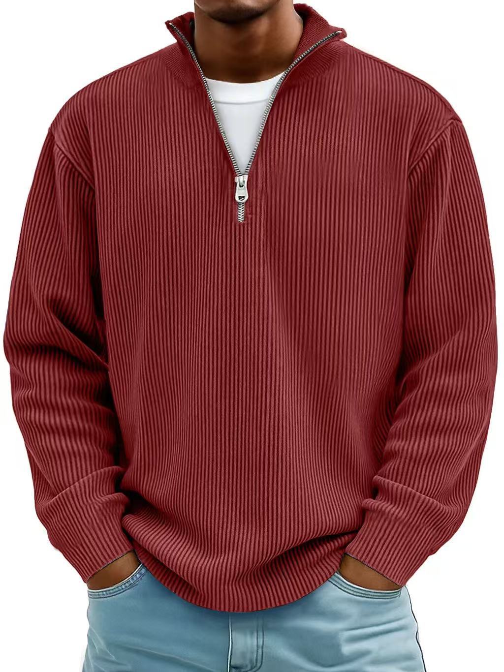 Corduroy Zipper Stand Collar Sweatshirt | Casual Polo | Long Sleeve |