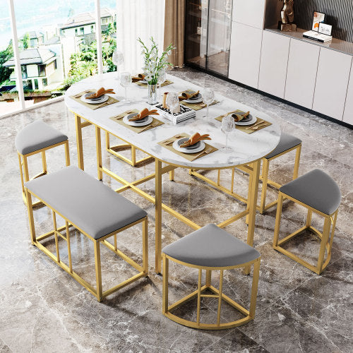 Dining Group, Set, With Dining Table, 4 Small Stools And 2 Large Stools, Kitchen Dining Table Set Made Of Steel Frame, Modern White And Gold, 140x70x76cm, Load Capacity 120 Kg