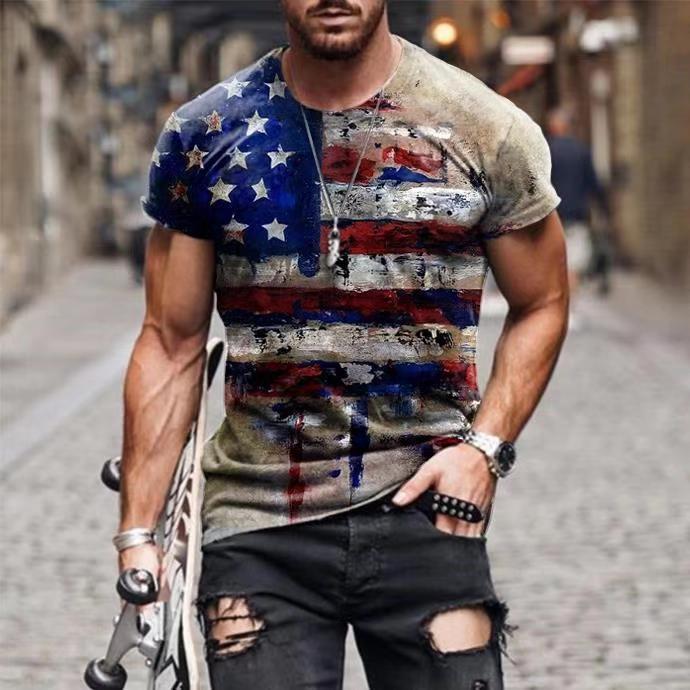 Vintage USA Flag Print O-Neck T Shirt Mens