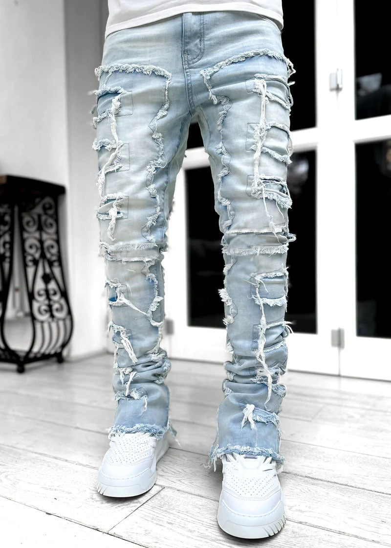 "Ins Fringes "| Ripped Trousers Individual Patched Pants | Long | Tight Fit | Stacked | Mens
