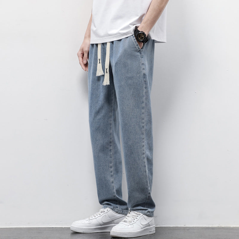 Men Fashion Drawstring | Loose Wide Leg Jeans | Elasticated Straight Trousers