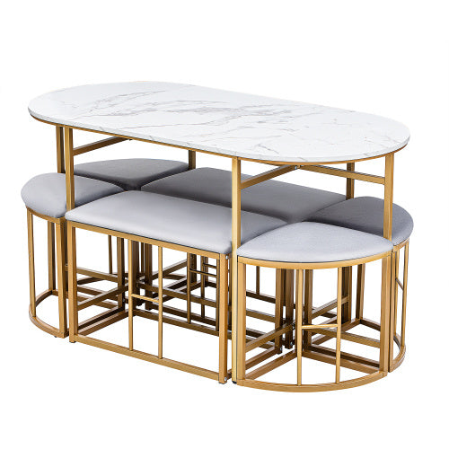 Dining Group, Set, With Dining Table, 4 Small Stools And 2 Large Stools, Kitchen Dining Table Set Made Of Steel Frame, Modern White And Gold, 140x70x76cm, Load Capacity 120 Kg
