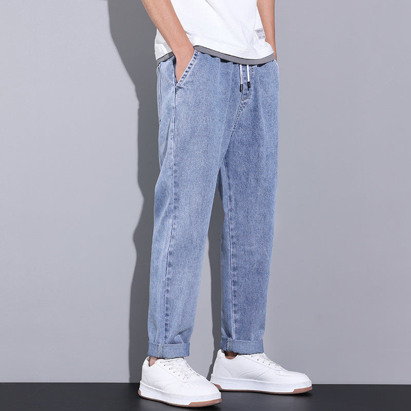 Men Fashion Drawstring | Loose Wide Leg Jeans | Elasticated Straight Trousers
