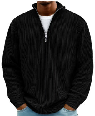 Corduroy Zipper Stand Collar Sweatshirt | Casual Polo | Long Sleeve |