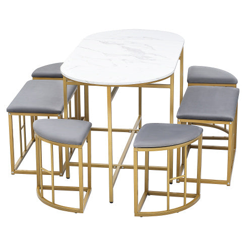 Dining Group, Set, With Dining Table, 4 Small Stools And 2 Large Stools, Kitchen Dining Table Set Made Of Steel Frame, Modern White And Gold, 140x70x76cm, Load Capacity 120 Kg