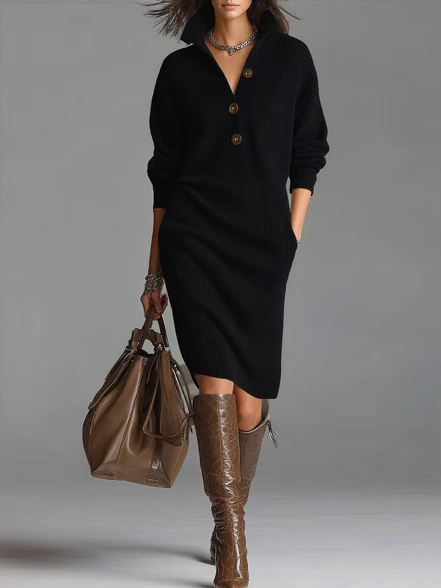 Long-sleeved Sweater Dress Fashion Warm Stand-up Collar V-neck Button Pullover
