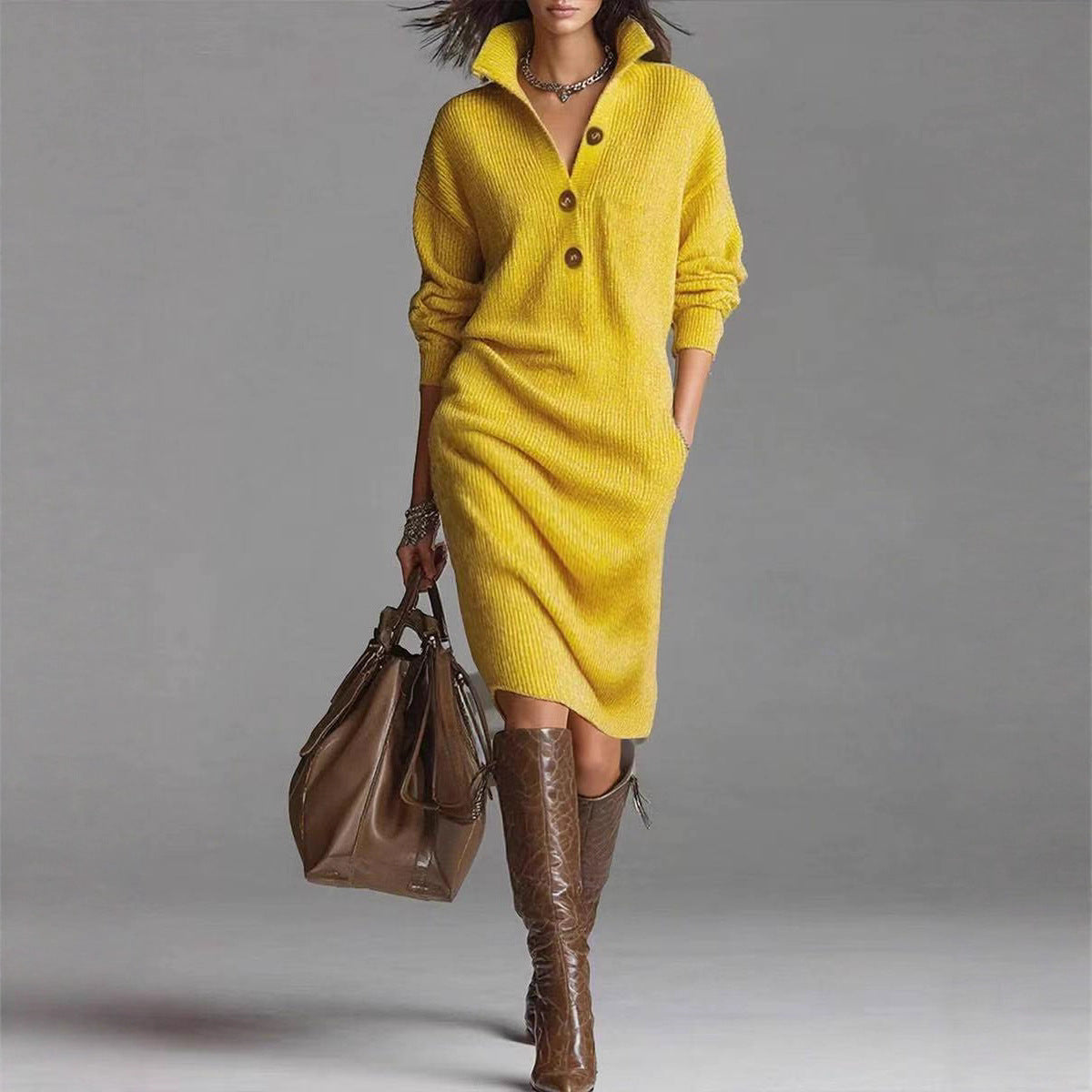Long-sleeved Sweater Dress Fashion Warm Stand-up Collar V-neck Button Pullover