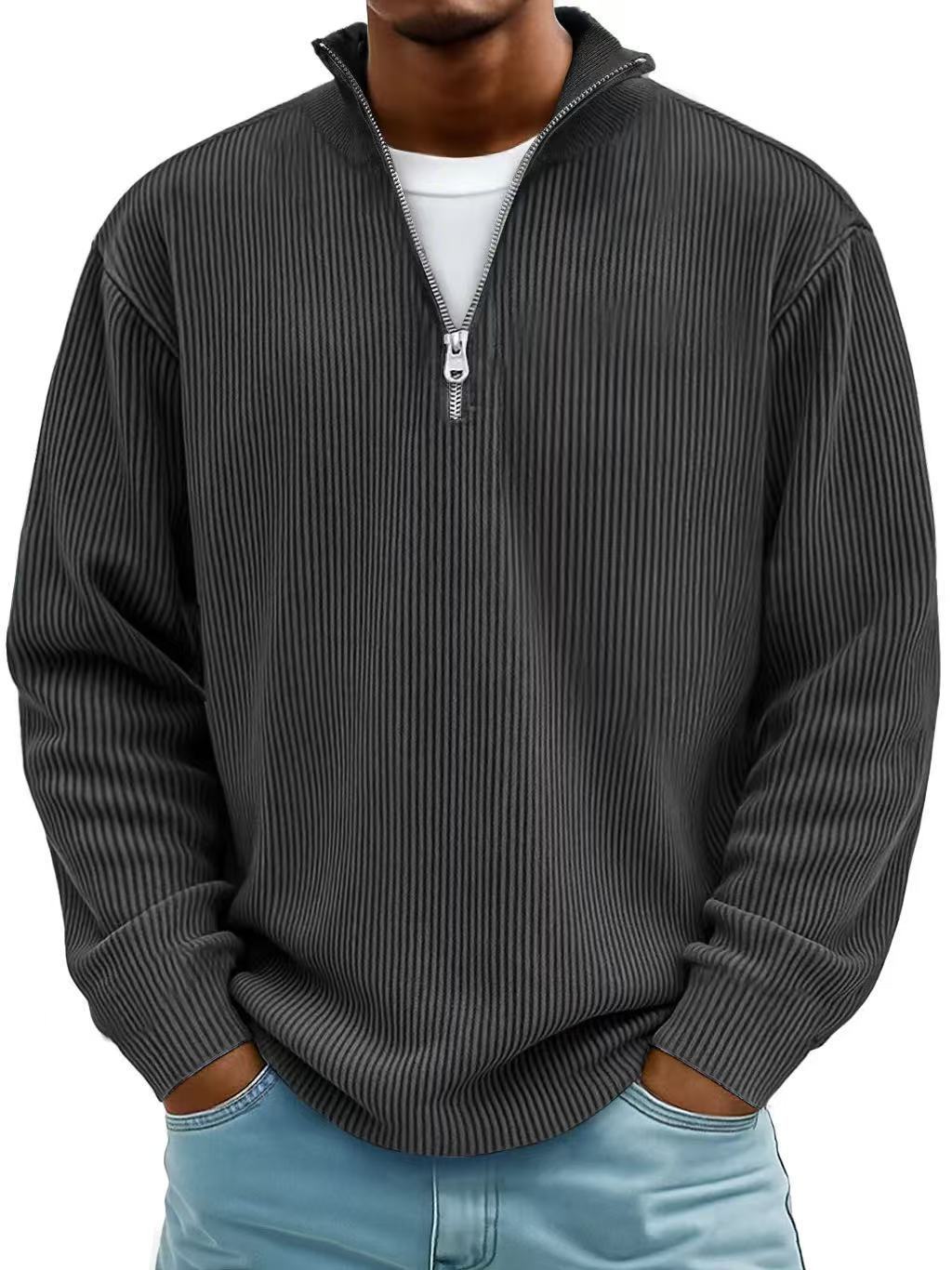 Corduroy Zipper Stand Collar Sweatshirt | Casual Polo | Long Sleeve |