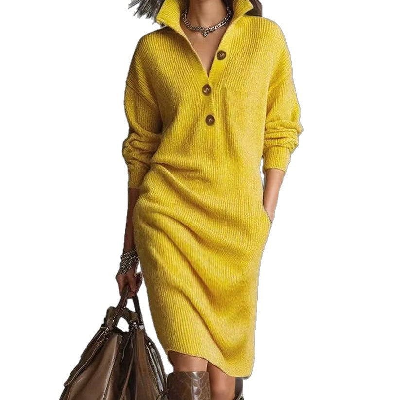 Long-sleeved Sweater Dress Fashion Warm Stand-up Collar V-neck Button Pullover