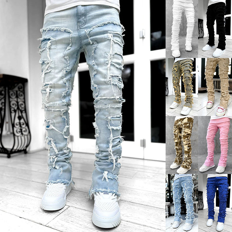 "Ins Fringes "| Ripped Trousers Individual Patched Pants | Long | Tight Fit | Stacked | Mens