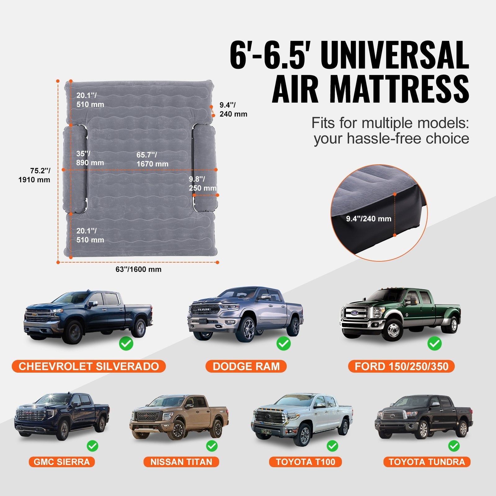 Truck Bed Air Mattress, For 6-6.5 Ft Full Size Truck Beds, Inflatable Air Mattress Camping Bed With 12V Air 2 Pillows, Carry Bag, For Chevrolet Silverado, Dodge Ram, Ford