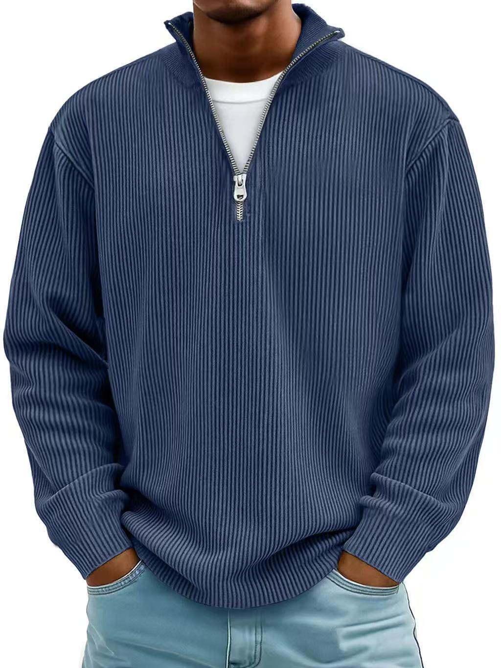 Corduroy Zipper Stand Collar Sweatshirt | Casual Polo | Long Sleeve |