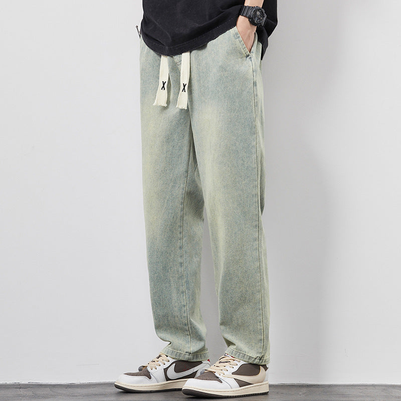 Men Fashion Drawstring | Loose Wide Leg Jeans | Elasticated Straight Trousers