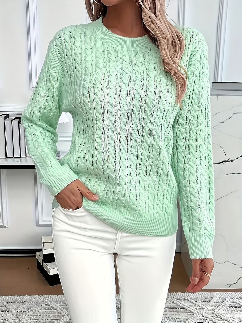 "Ins" Twist Round Neck Pullover Sweater Fashion Solid Color Long-sleeved Knitted Top For Women