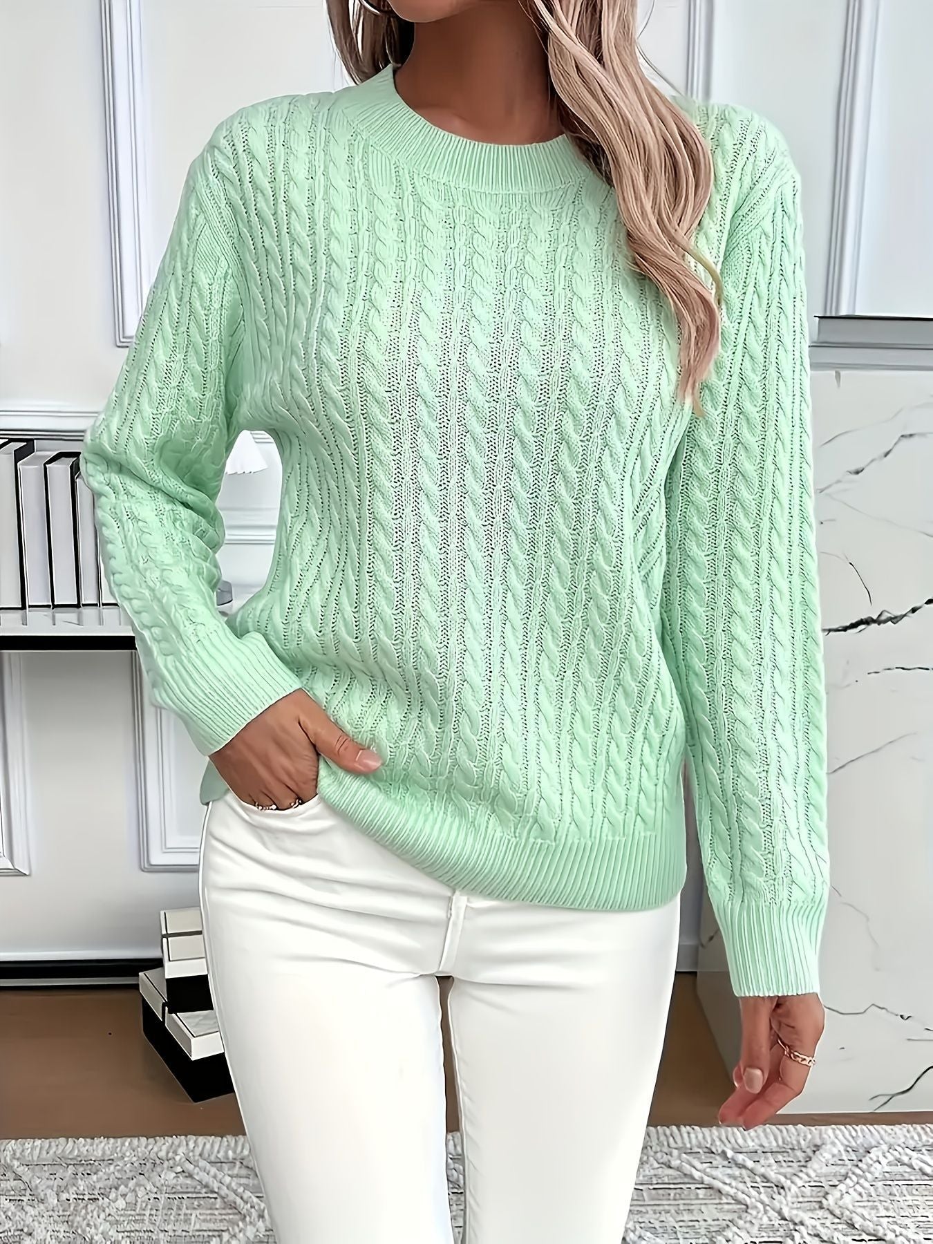 "Ins" Twist Round Neck Pullover Sweater Fashion Solid Color Long-sleeved Knitted Top For Women