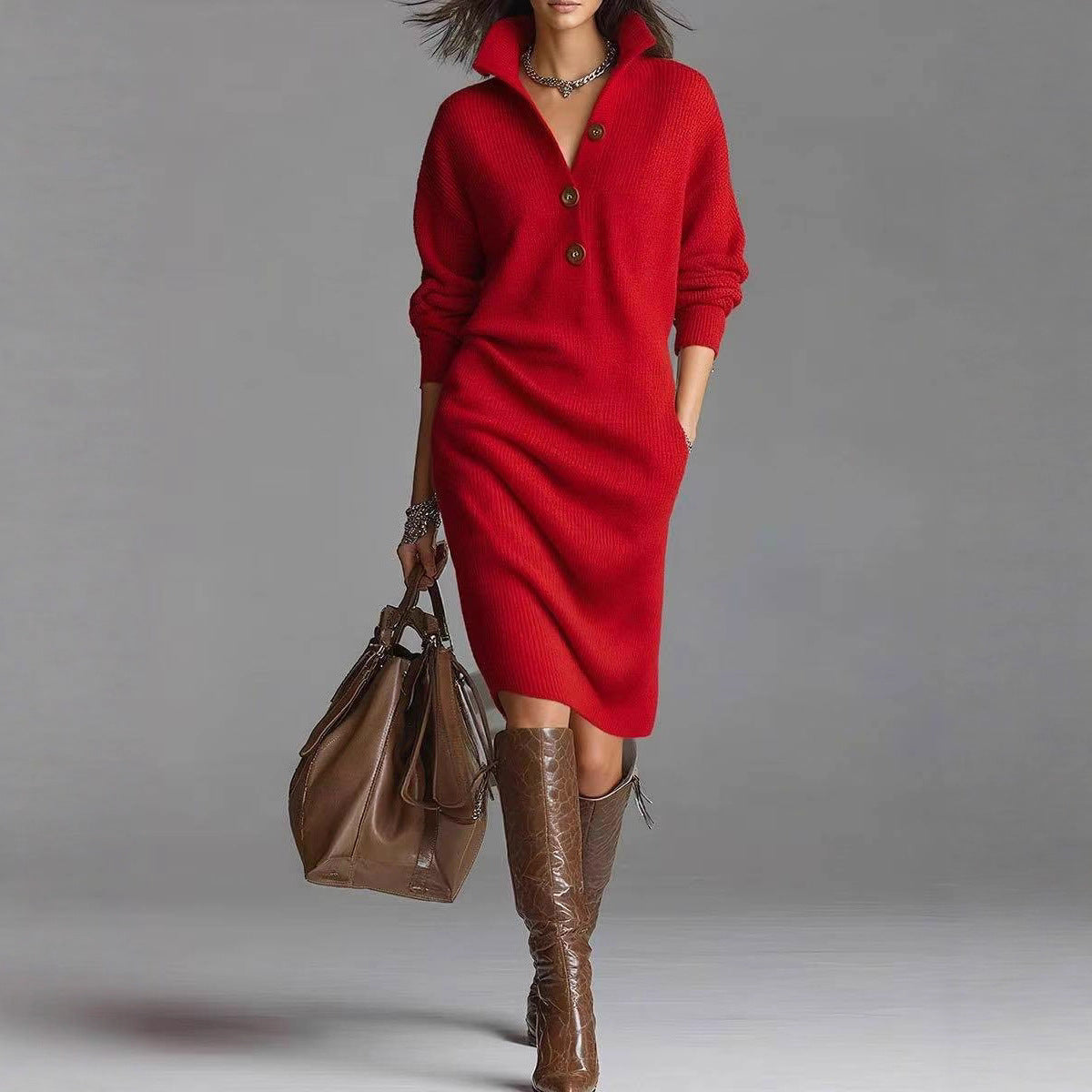 Long-sleeved Sweater Dress Fashion Warm Stand-up Collar V-neck Button Pullover
