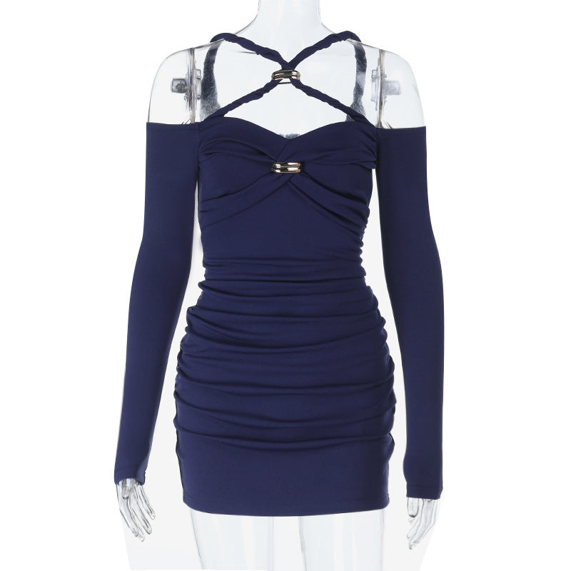 Women's Navy Slim-fit Innerwear Cross-knot Long-sleeve Dress