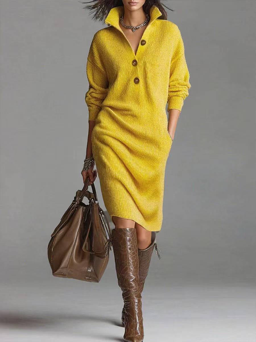 Long-sleeved Sweater Dress Fashion Warm Stand-up Collar V-neck Button Pullover