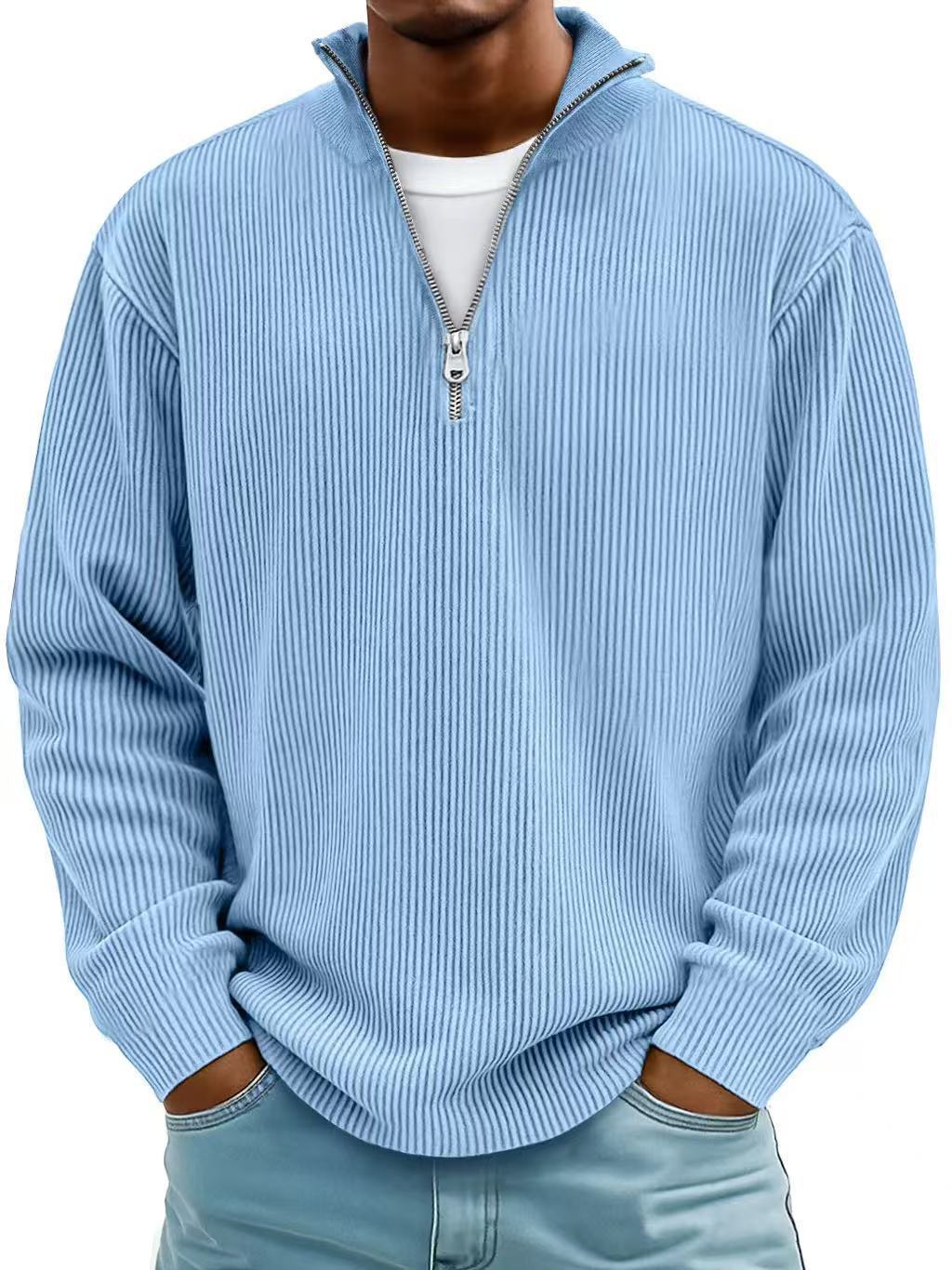Corduroy Zipper Stand Collar Sweatshirt | Casual Polo | Long Sleeve |