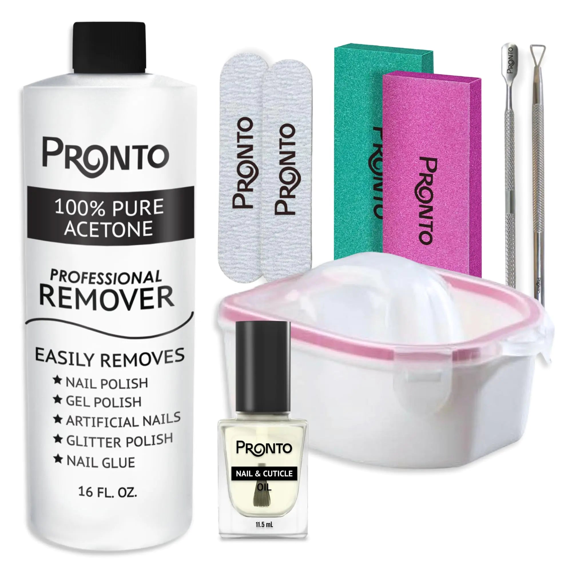 Pronto Gel Nail Polish Remover Kit - 16oz Pure Acetone Nail Soaking Bowl Moisturizing Cuticle Oil Manicure Kit Including Gel Nail Polish Tools Nail File Nail Buffer Cuticle Pusher & Nail Scraper