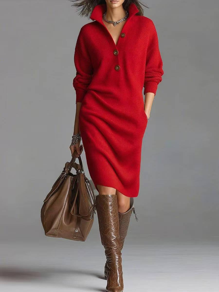 Long-sleeved Sweater Dress Fashion Warm Stand-up Collar V-neck Button Pullover