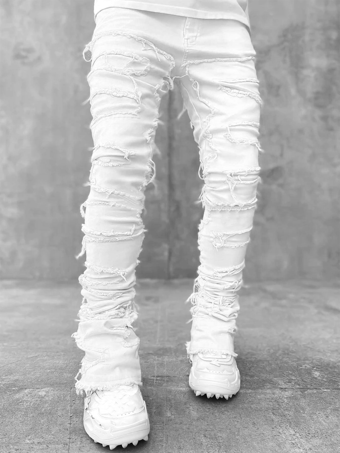 "Ins Fringes "| Ripped Trousers Individual Patched Pants | Long | Tight Fit | Stacked | Mens
