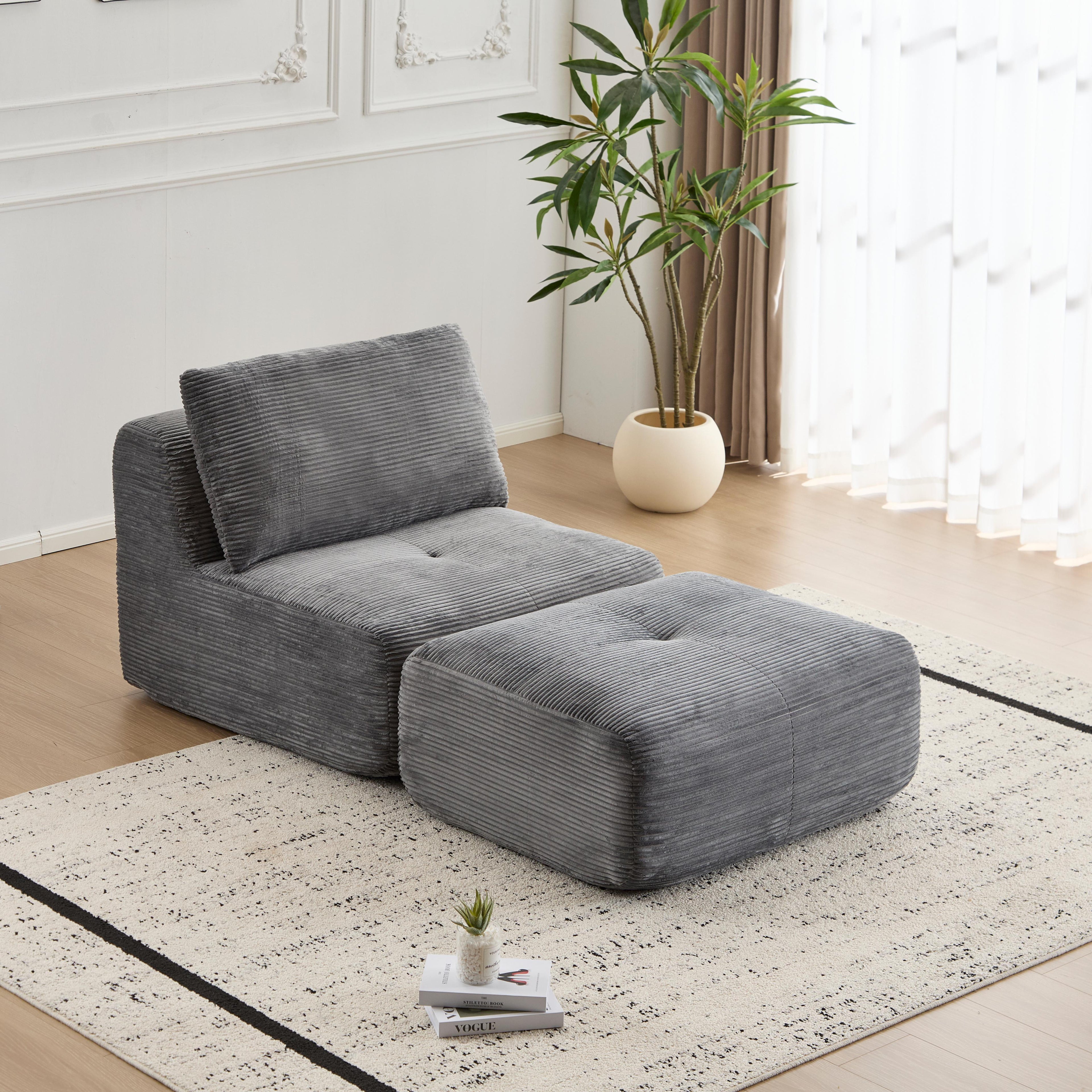 Modern Memory Foam Compressed Sofa,Single Chaise Longue For Living Room,Pet-Friendly Cloud Modular Sectional Sofa,Corduroy Fabric,Movable Ottoman,No Assembly Required,Grey