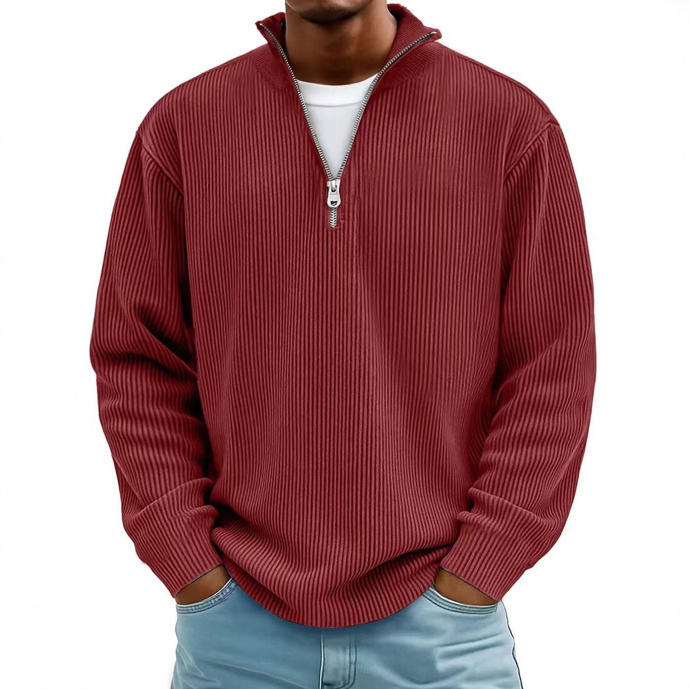 Corduroy Zipper Stand Collar Sweatshirt | Casual Polo | Long Sleeve |