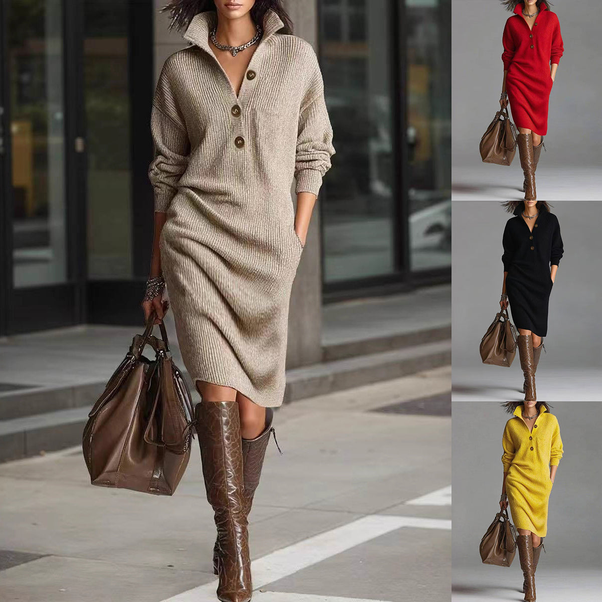 Long-sleeved Sweater Dress Fashion Warm Stand-up Collar V-neck Button Pullover
