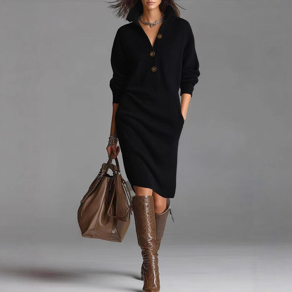 Long-sleeved Sweater Dress Fashion Warm Stand-up Collar V-neck Button Pullover