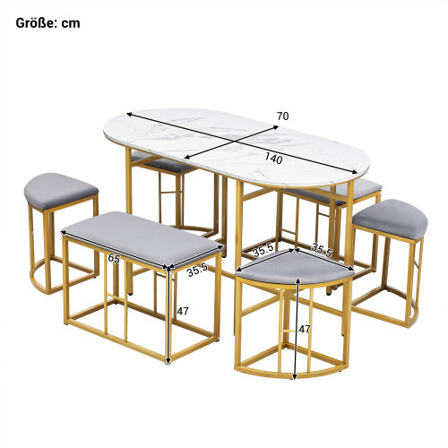 Dining Group, Set, With Dining Table, 4 Small Stools And 2 Large Stools, Kitchen Dining Table Set Made Of Steel Frame, Modern White And Gold, 140x70x76cm, Load Capacity 120 Kg
