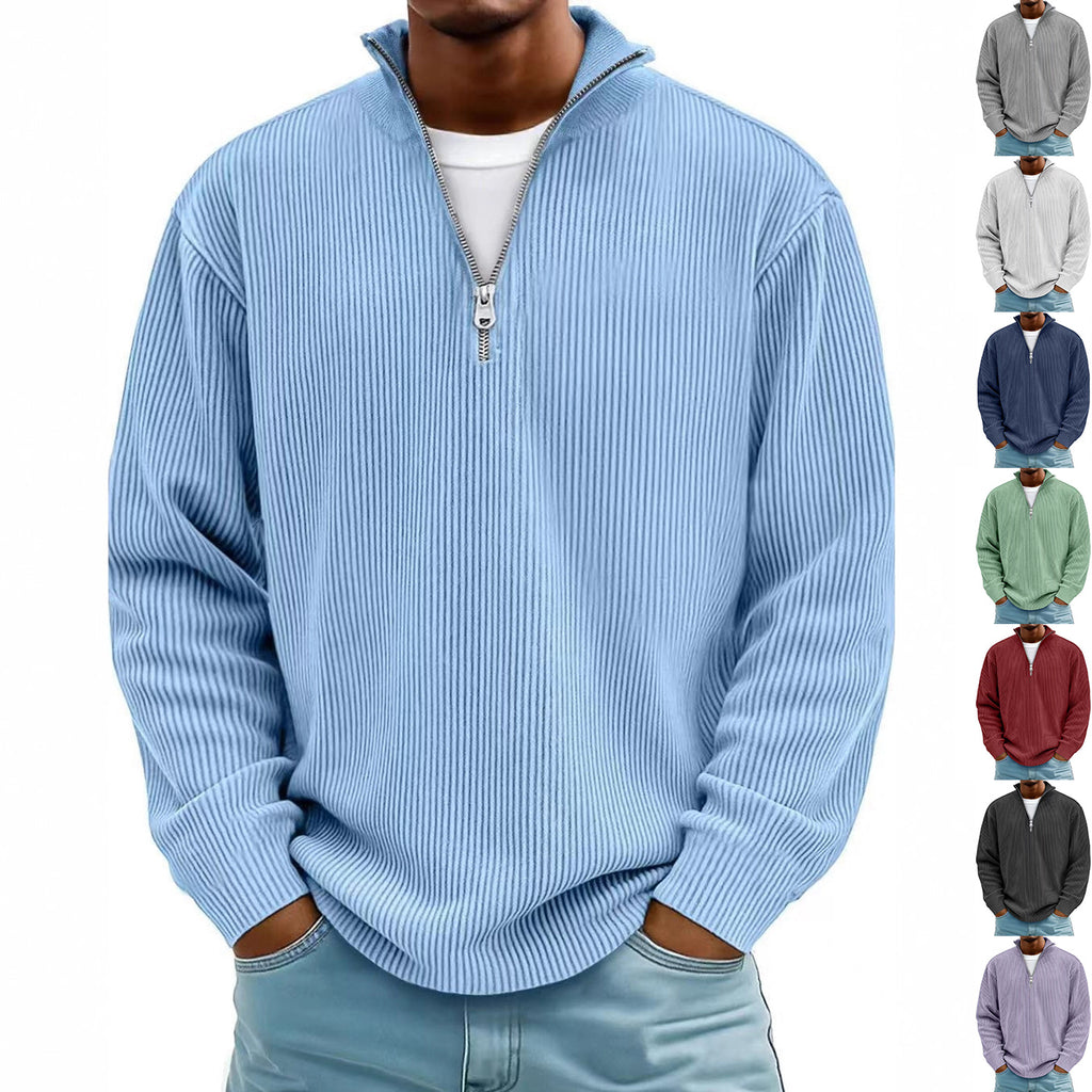Corduroy Zipper Stand Collar Sweatshirt | Casual Polo | Long Sleeve |