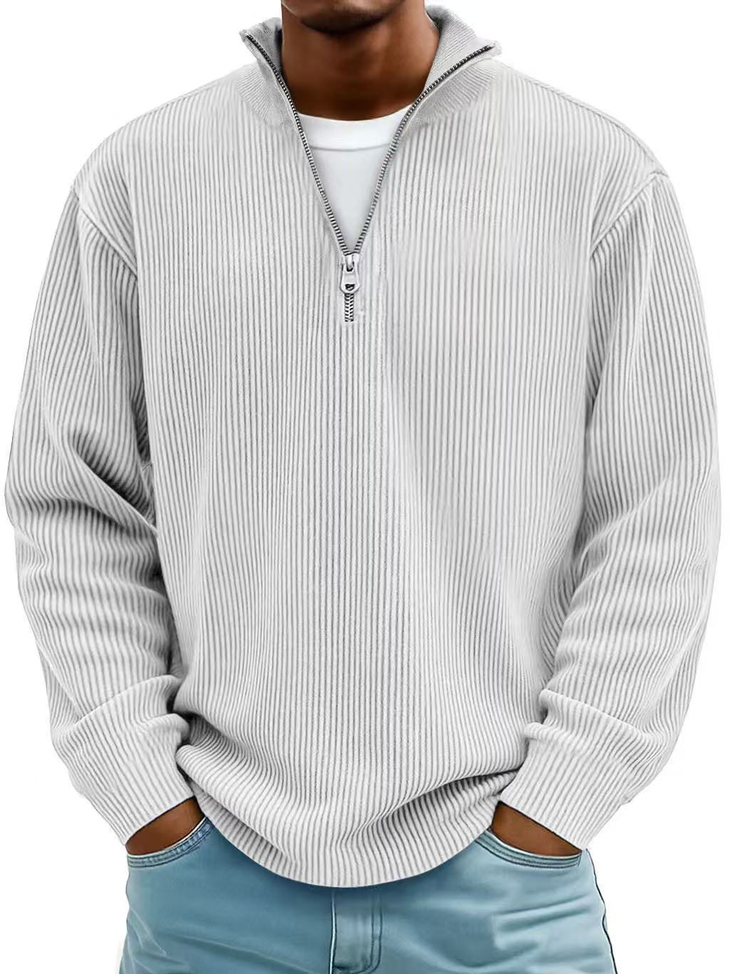 Corduroy Zipper Stand Collar Sweatshirt | Casual Polo | Long Sleeve |