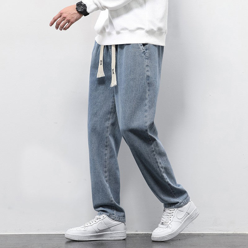 Men Fashion Drawstring | Loose Wide Leg Jeans | Elasticated Straight Trousers