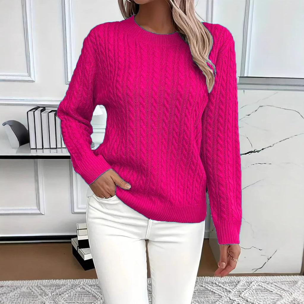 "Ins" Twist Round Neck Pullover Sweater Fashion Solid Color Long-sleeved Knitted Top For Women