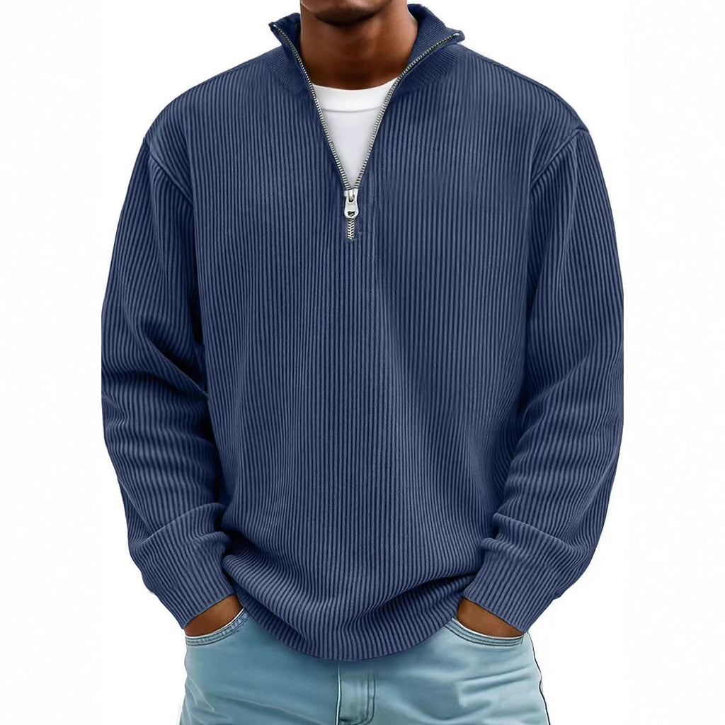 Corduroy Zipper Stand Collar Sweatshirt | Casual Polo | Long Sleeve |