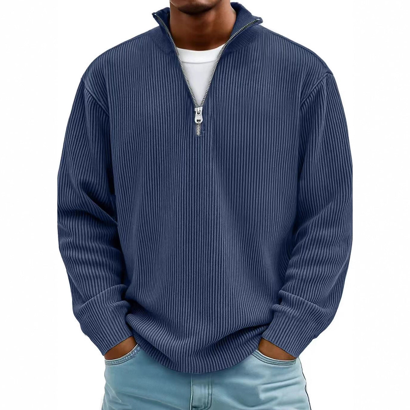 Corduroy Zipper Stand Collar Sweatshirt | Casual Polo | Long Sleeve |