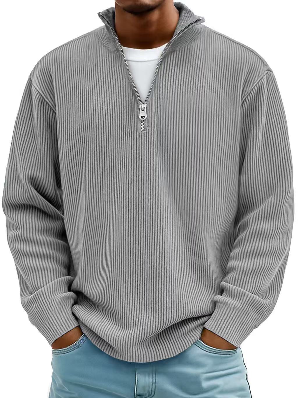 Corduroy Zipper Stand Collar Sweatshirt | Casual Polo | Long Sleeve |