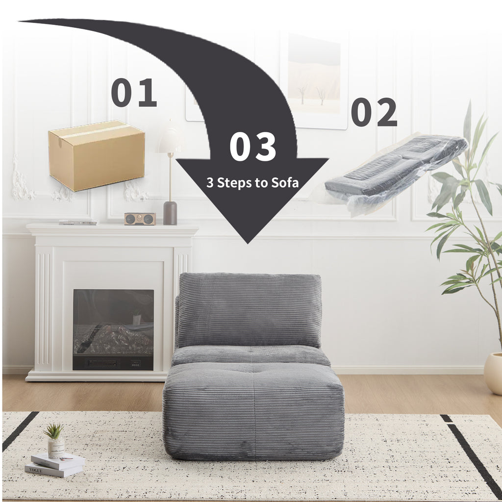 Modern Memory Foam Compressed Sofa,Single Chaise Longue For Living Room,Pet-Friendly Cloud Modular Sectional Sofa,Corduroy Fabric,Movable Ottoman,No Assembly Required,Grey