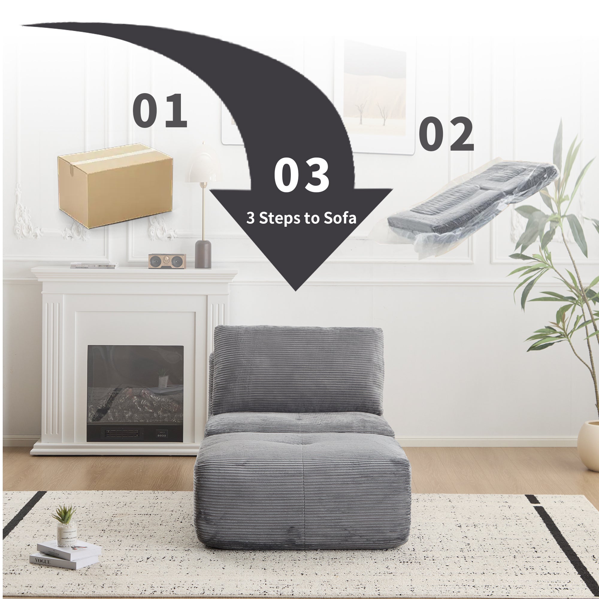 Modern Memory Foam Compressed Sofa,Single Chaise Longue For Living Room,Pet-Friendly Cloud Modular Sectional Sofa,Corduroy Fabric,Movable Ottoman,No Assembly Required,Grey