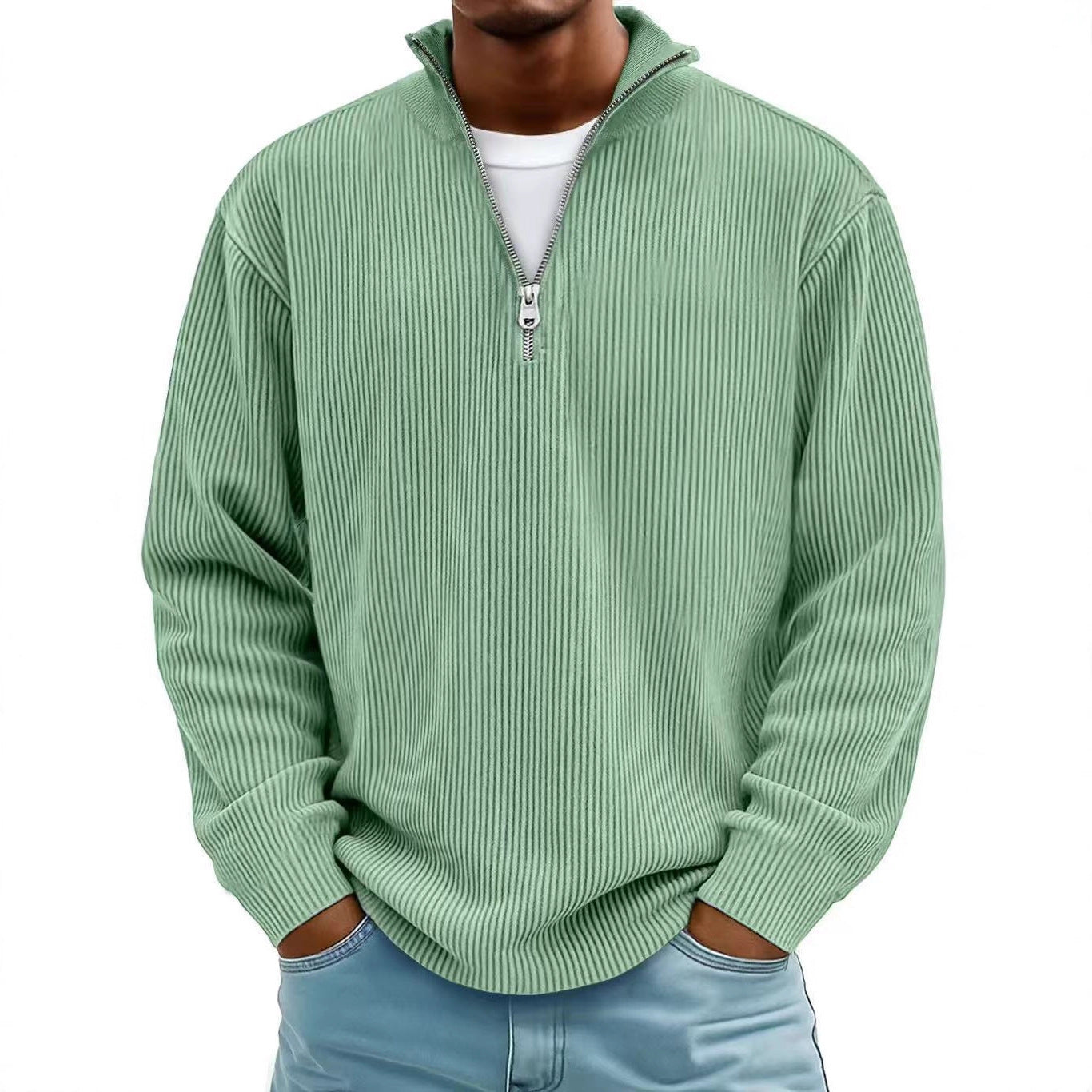 Corduroy Zipper Stand Collar Sweatshirt | Casual Polo | Long Sleeve |